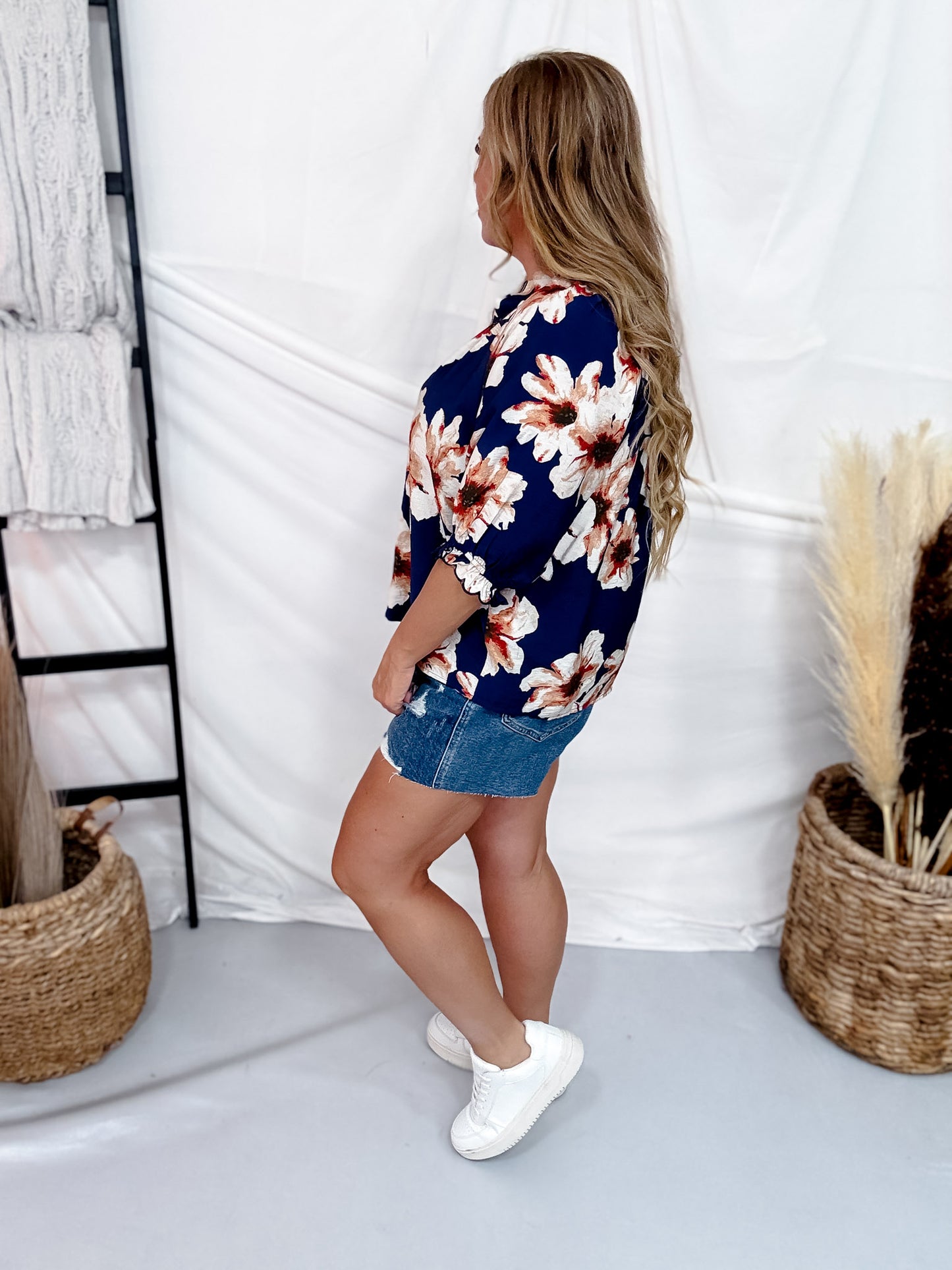 Navy & Cream Floral Print Split V-Neck Blouse