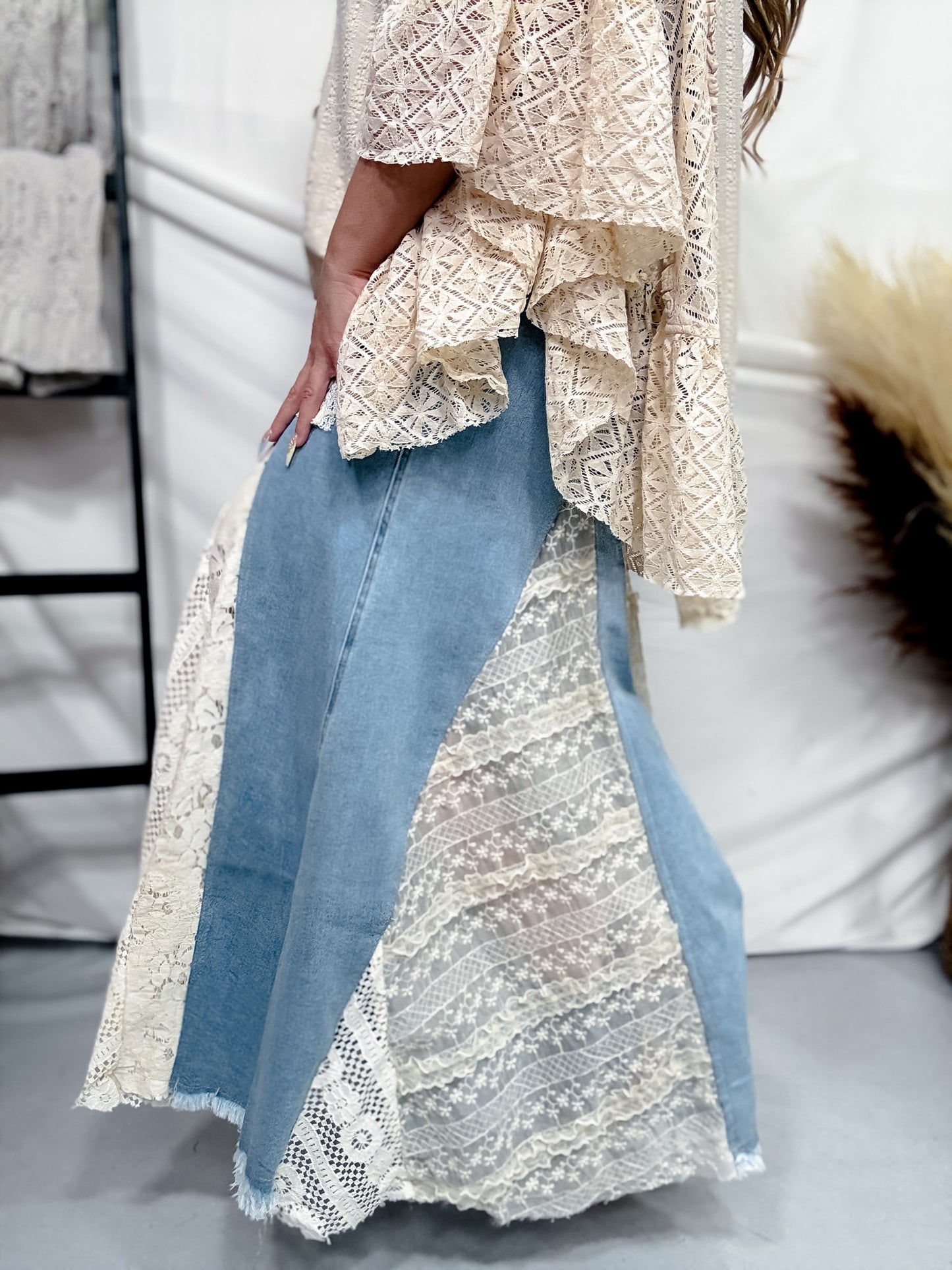 Denim and Lace Wide Leg Flare Pants