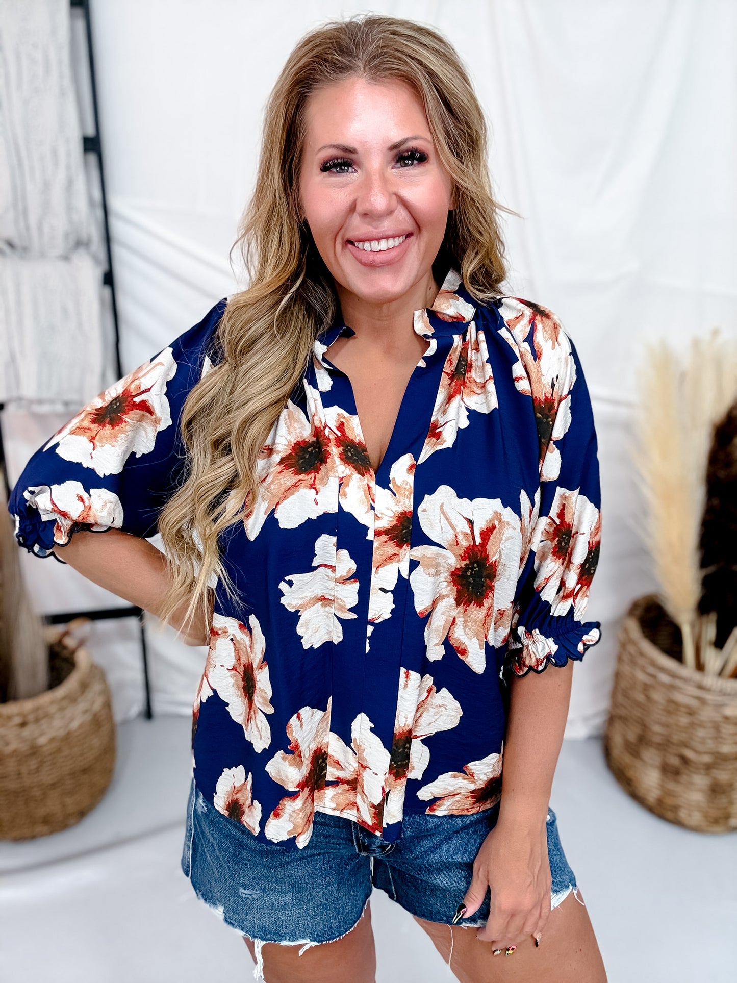 Navy & Cream Floral Print Split V-Neck Blouse