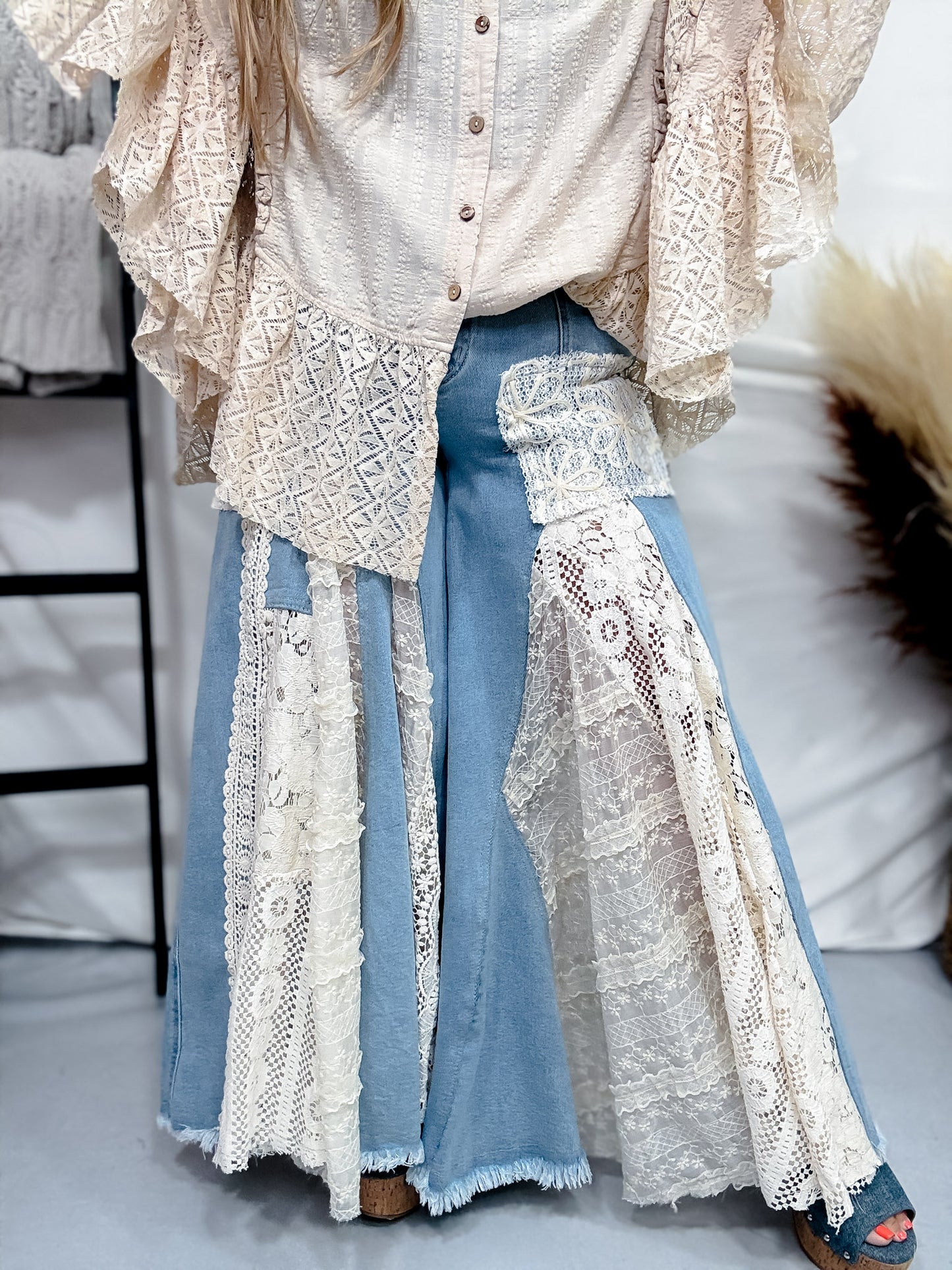 Denim and Lace Wide Leg Flare Pants