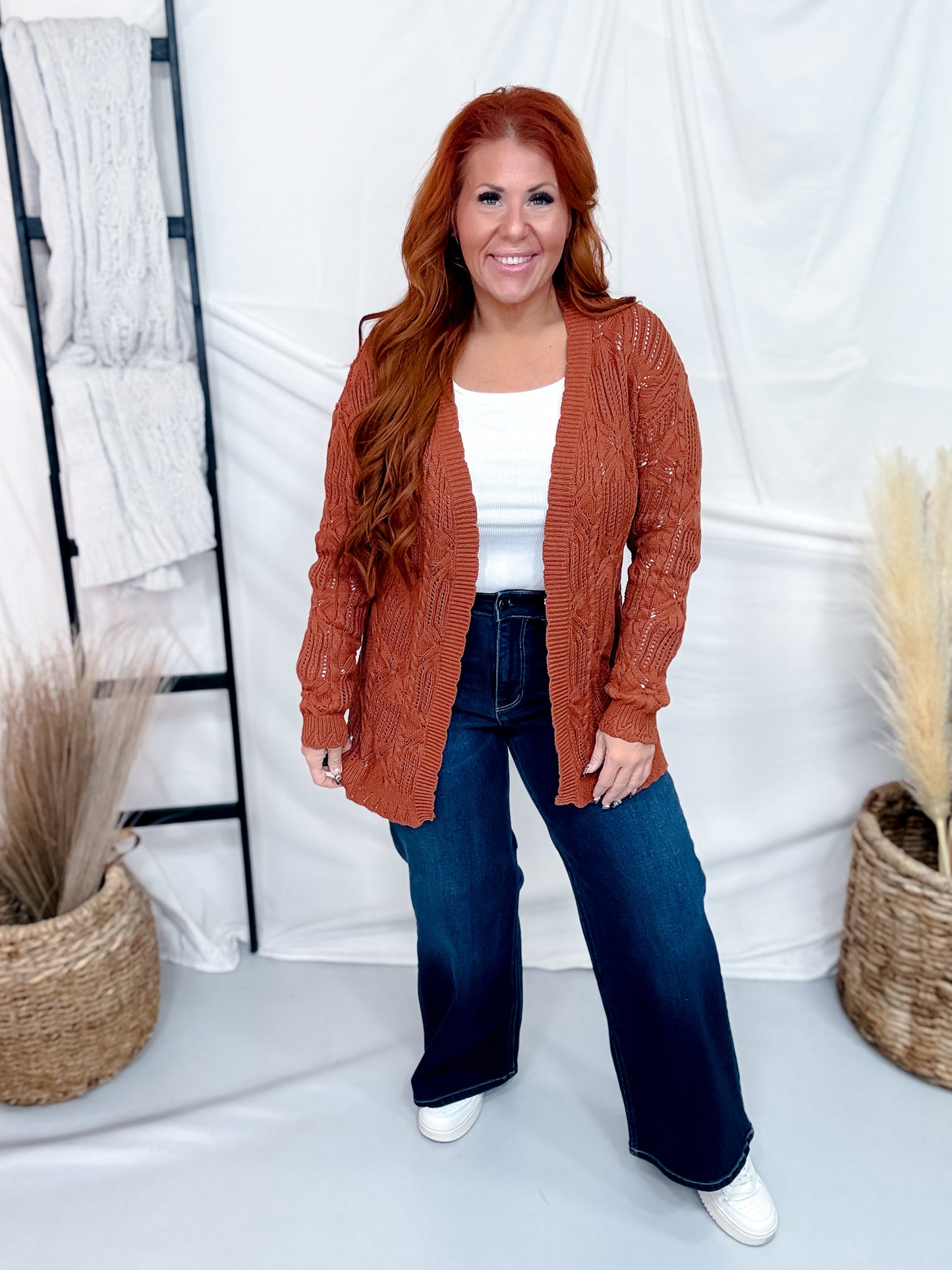 Rust Brown Long Sleeve Cable Knit Open Front Cardigan