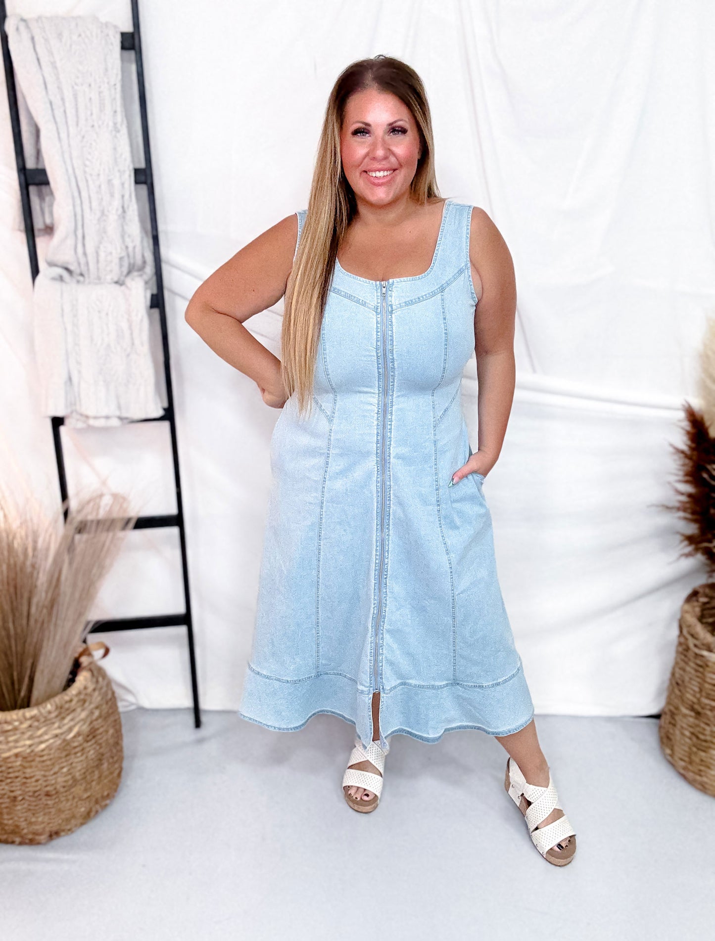 Light Chambray Denim Scoop Neck Maxi Dress