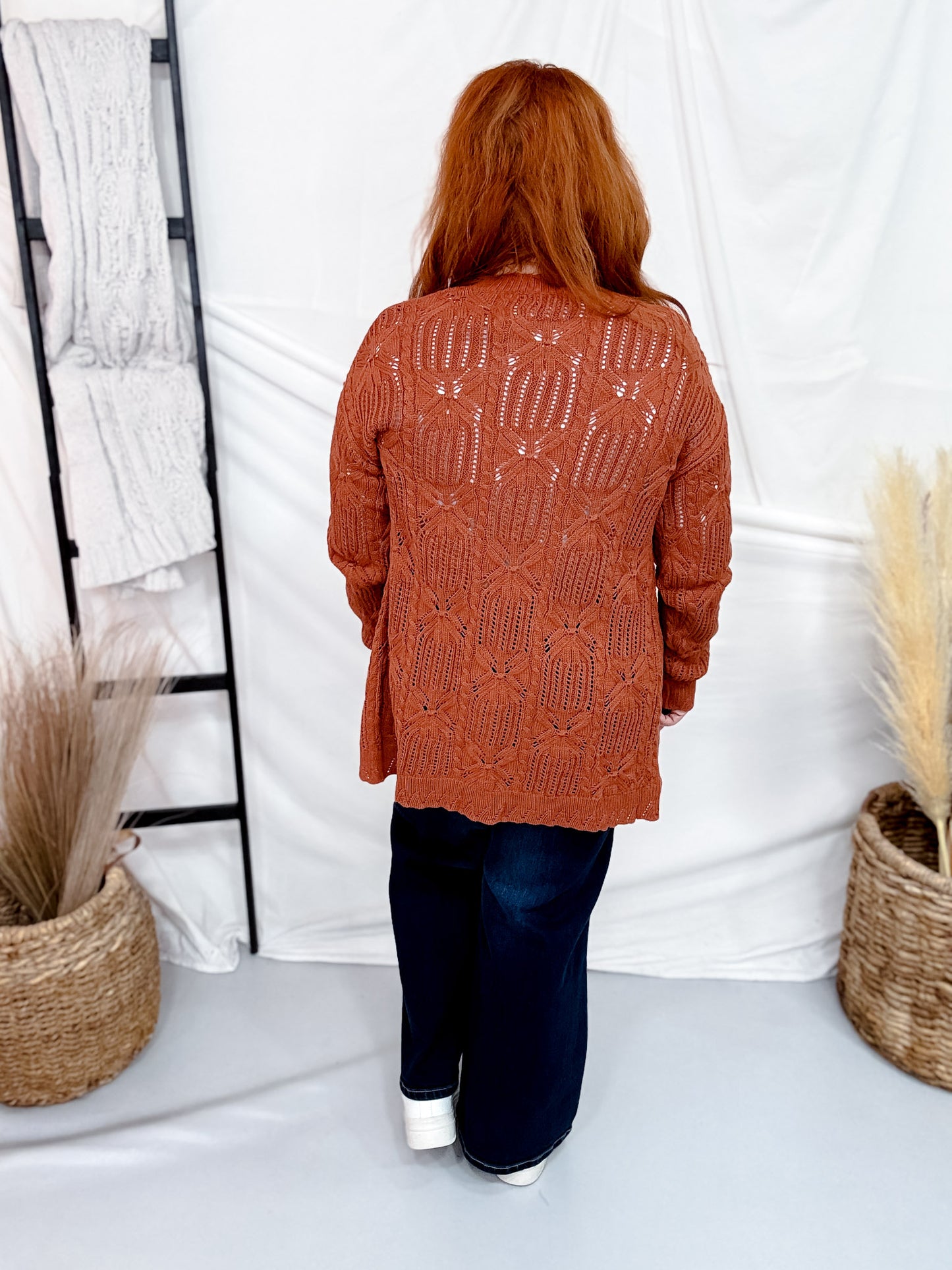 Rust Brown Long Sleeve Cable Knit Open Front Cardigan
