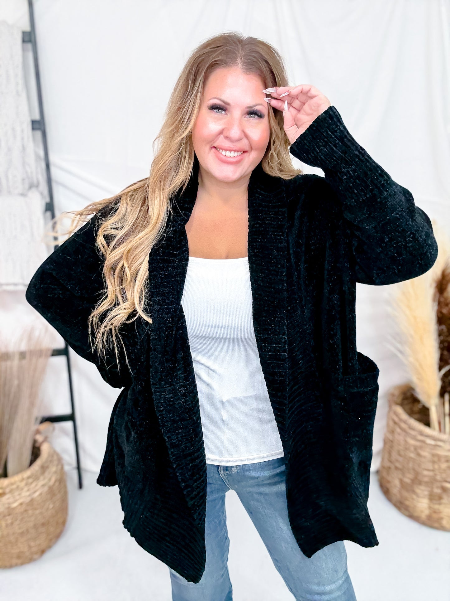 Solid Black Long Sleeve Knit Open Cardigan W/ Pockets
