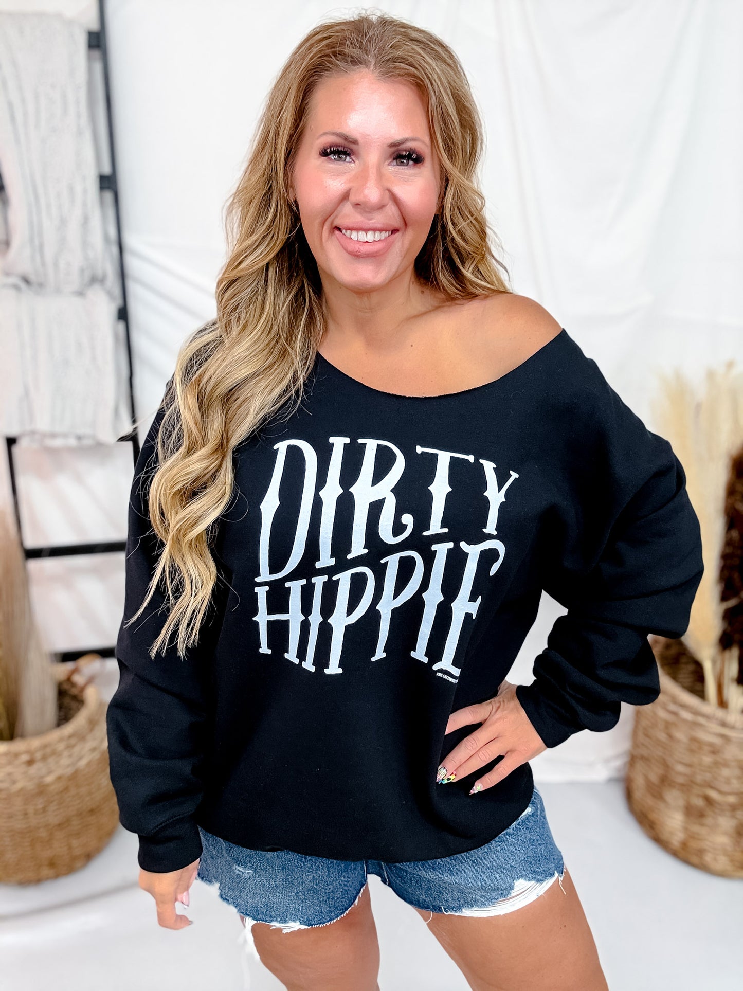 Dirty Hippie Black Off The Shoulder Cut Neckline Sweatshirt