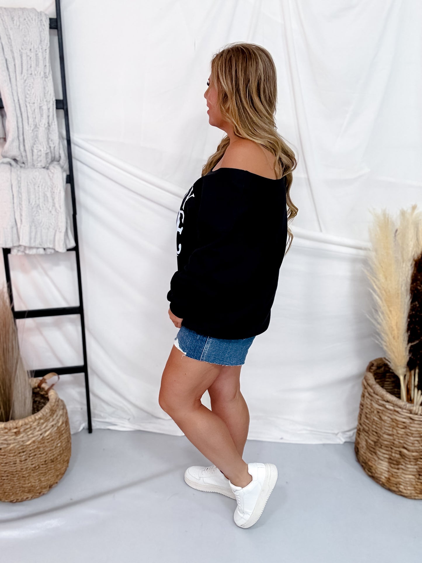 Dirty Hippie Black Off The Shoulder Cut Neckline Sweatshirt