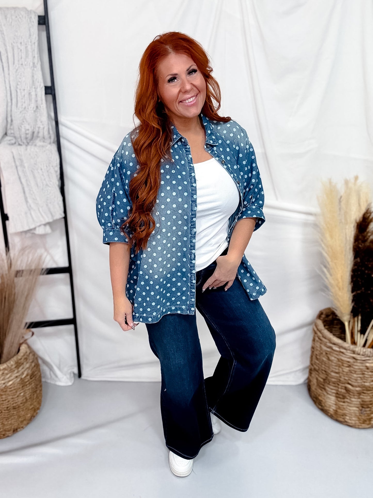 Polka Dot Denim Button Front Top With Cuffed Sleeves