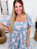 Floral Print Washed Denim Mini Dress With Balloon Sleeves