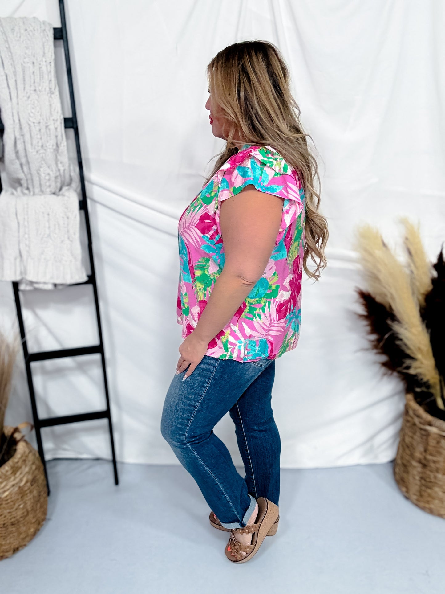 Tropical Blossoms Petal Sleeve Top