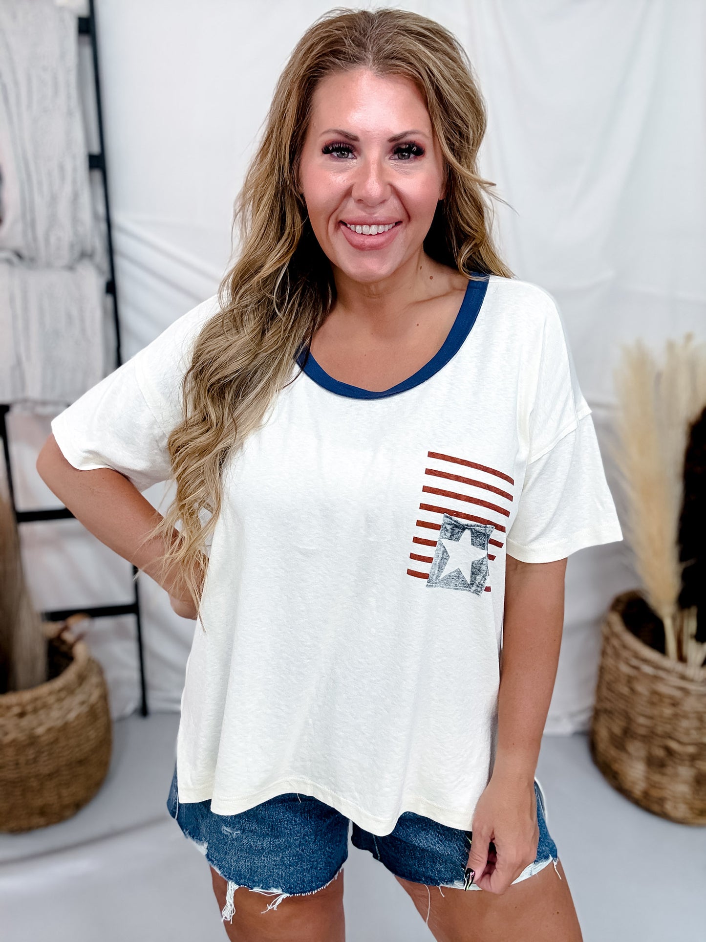 Round Neck Top With American Flag Icon & Side Slit