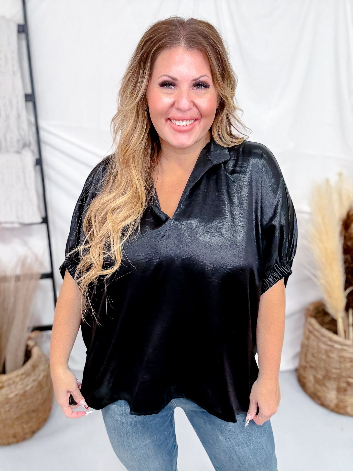 Metallic Black V-Neck Short Dolman Sleeve Top