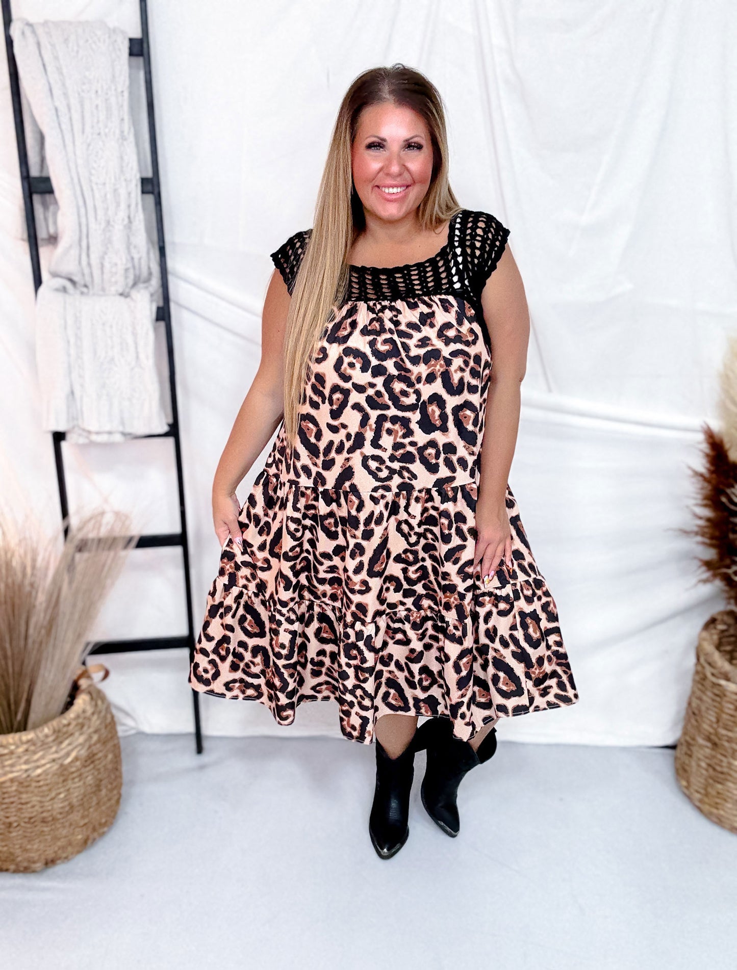 Leopard Print Crochet Bodice Tiered Mini Dress