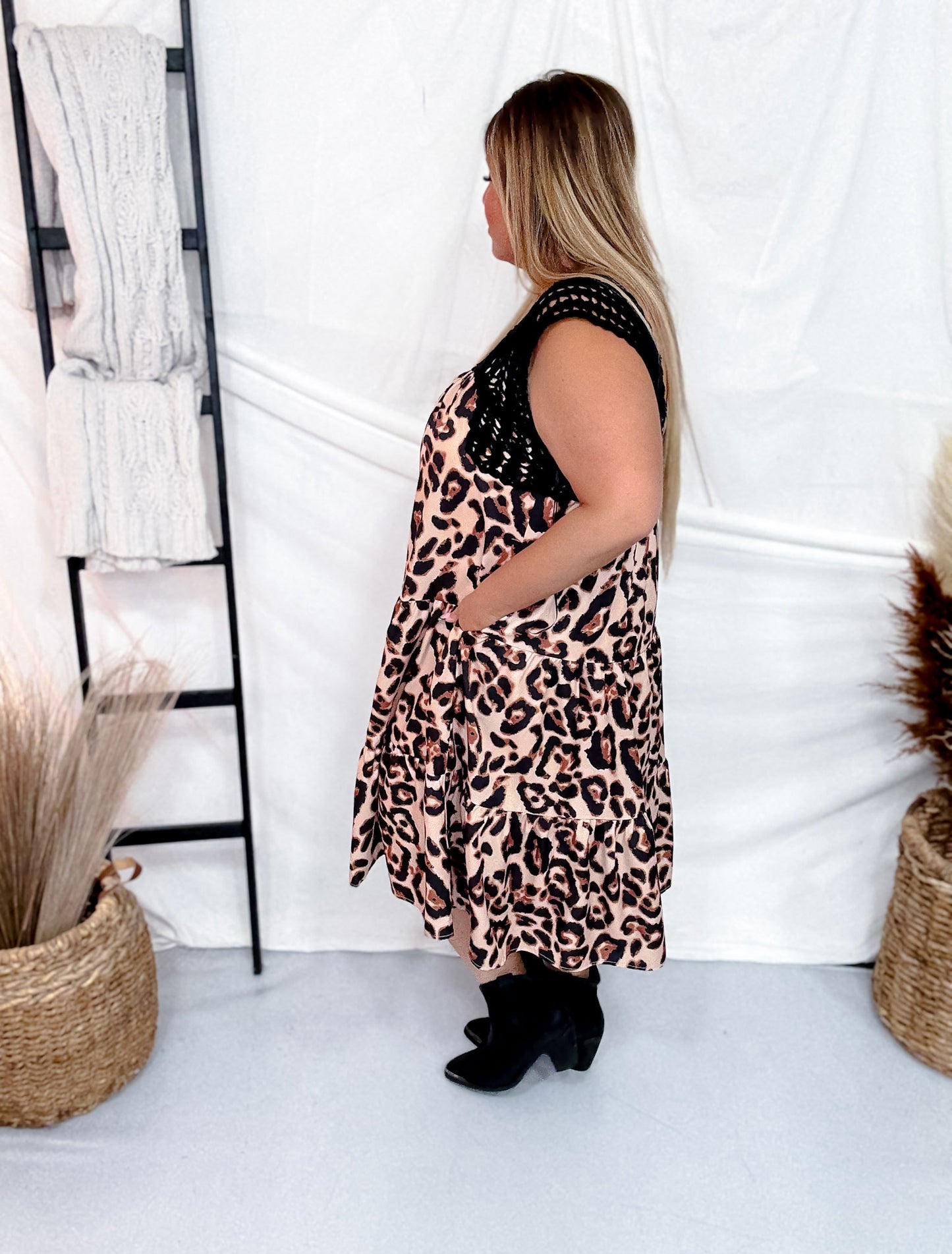 Leopard Print Crochet Bodice Tiered Mini Dress