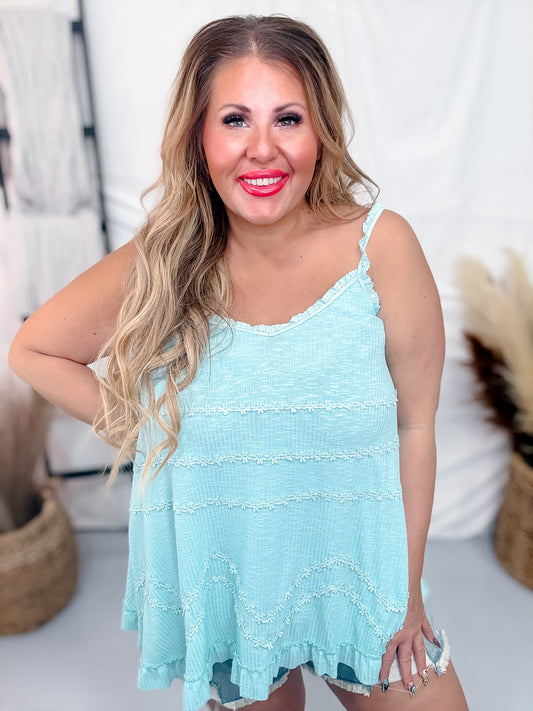 Aqua Ribbed Tank Top with Embroidered Floral Details
