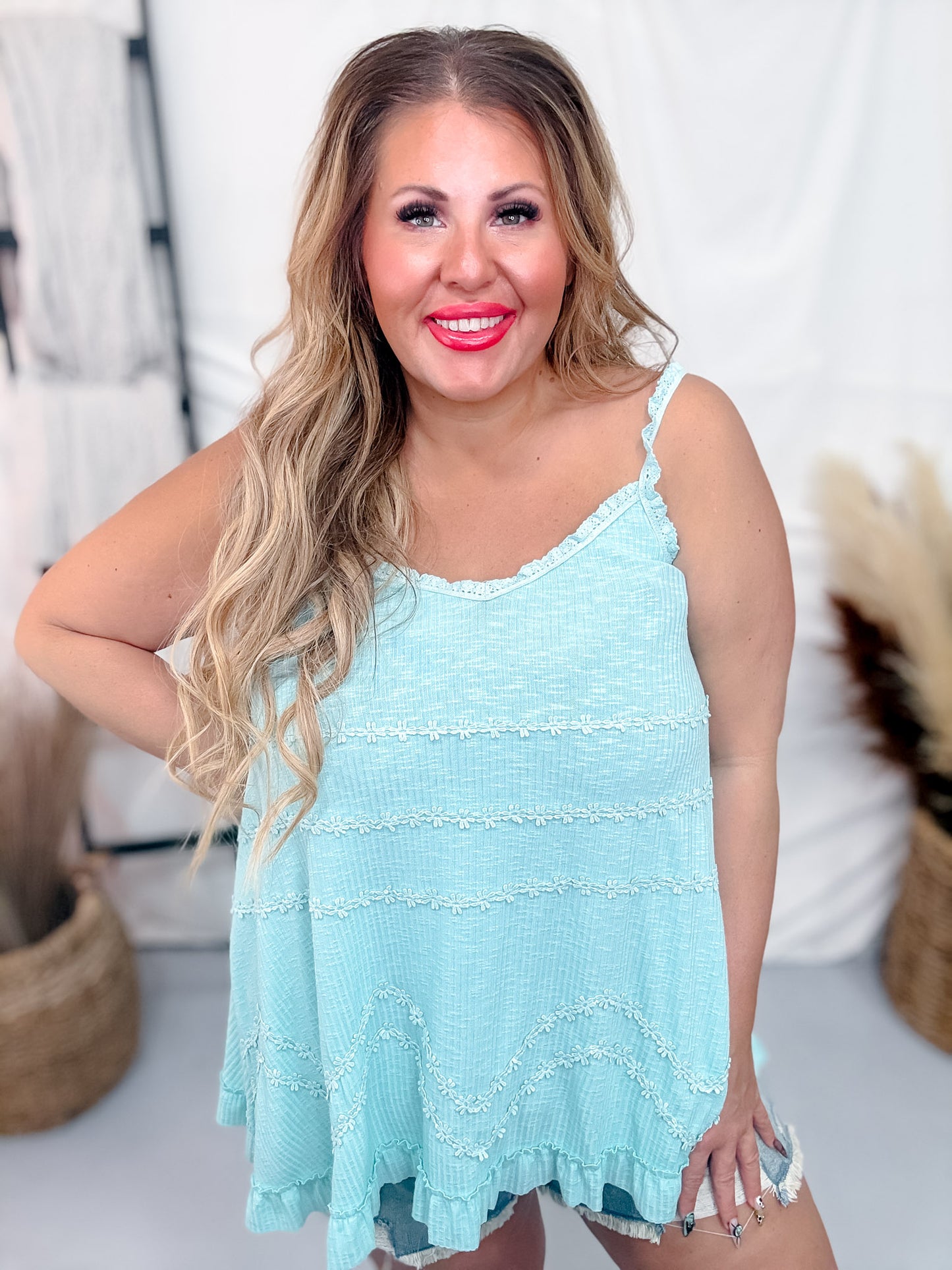 Aqua Ribbed Tank Top with Embroidered Floral Details