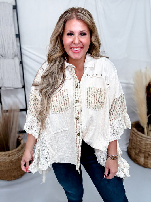 Cream Lace & Floral Button Front Top With Dolman Sleeves