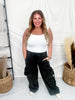 Black Washed Elastic Waist String Point Big Pocket Trousers