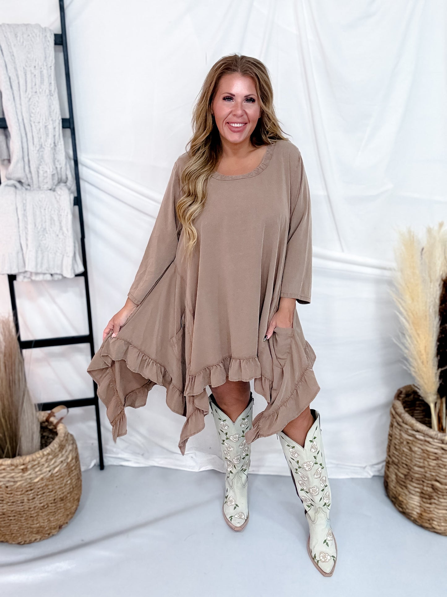 Light Brown 3/4 Sleeve High Low Tunic Dress With Ruffled Hems