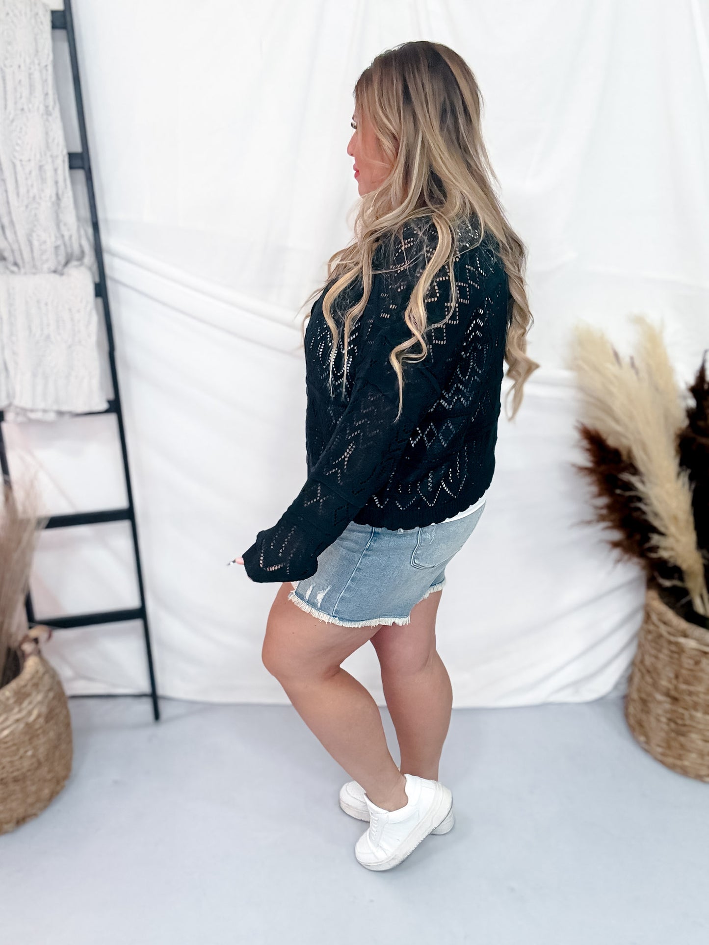 Long Sleeve Solid Black Button Up Knit Cardigan