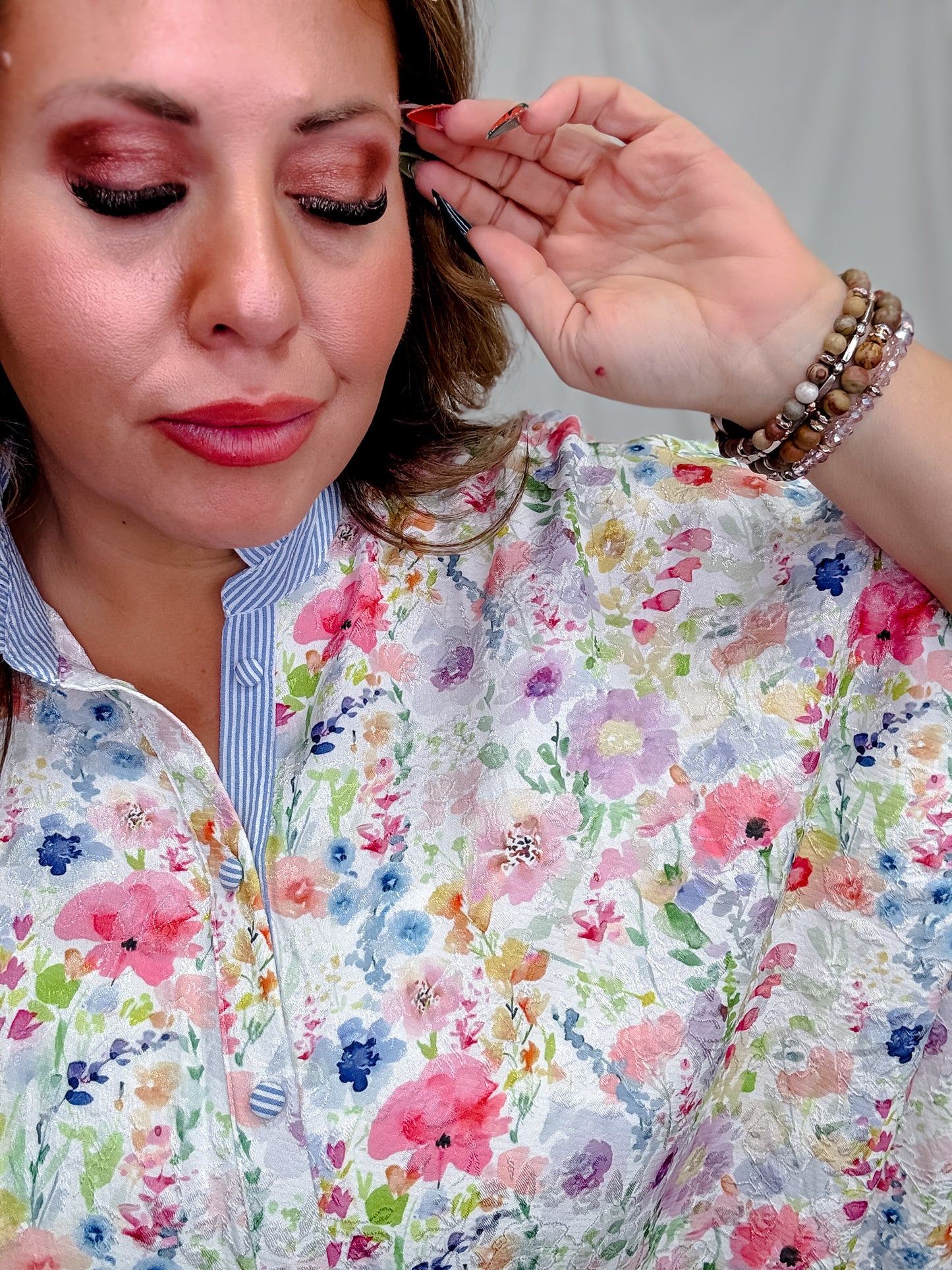 White Jacquard Floral Button-Down Top With Blue Trim