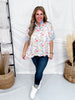 White Jacquard Floral Button-Down Top With Blue Trim