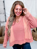 Brick Long Sleeve Contrasting Top With Frayed Edge Details