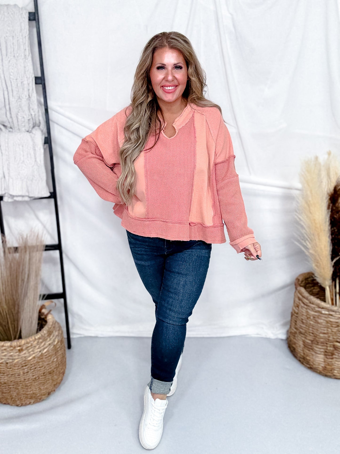 Brick Long Sleeve Contrasting Top With Frayed Edge Details