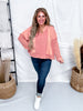 Brick Long Sleeve Contrasting Top With Frayed Edge Details