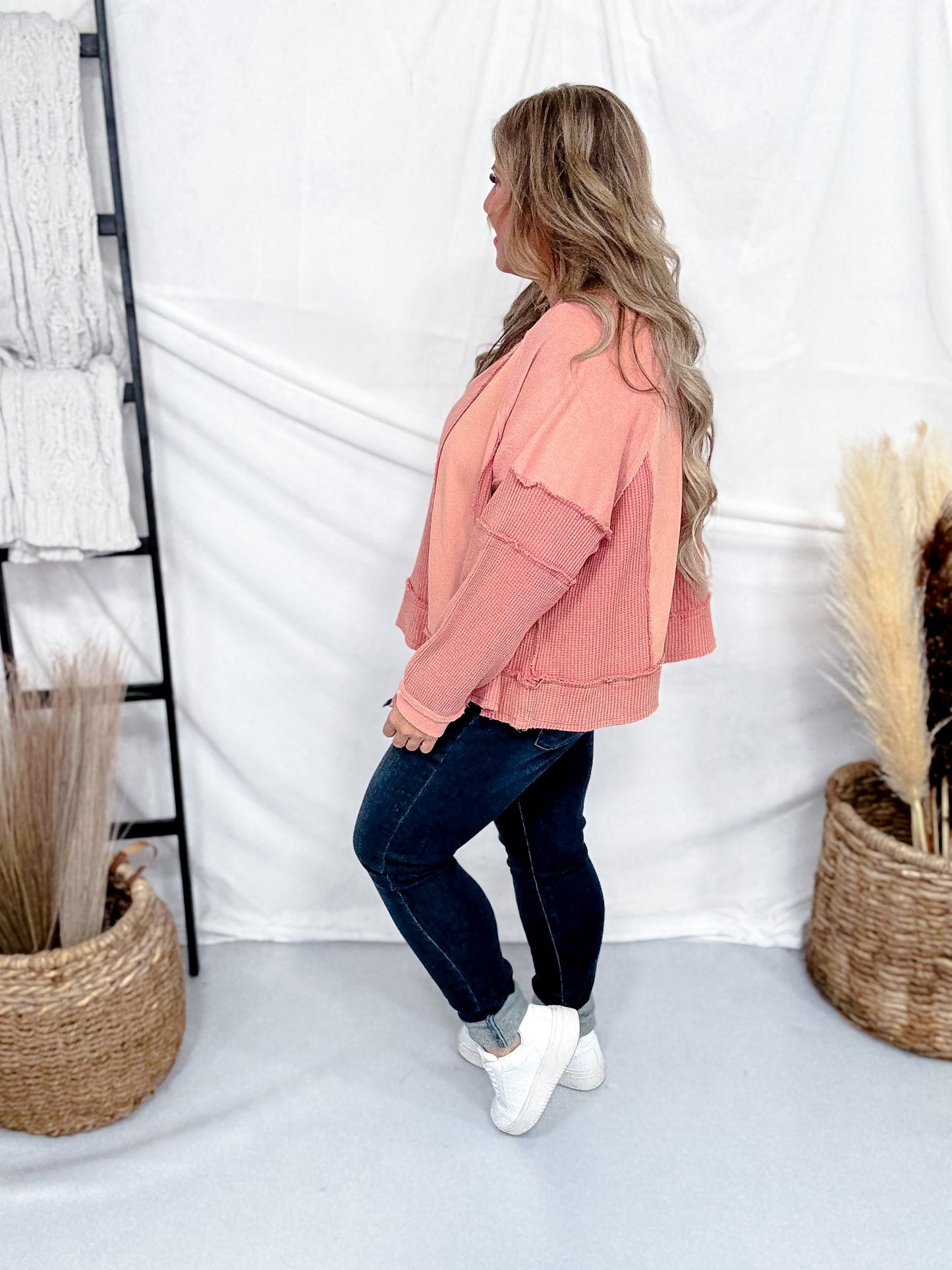 Brick Long Sleeve Contrasting Top With Frayed Edge Details