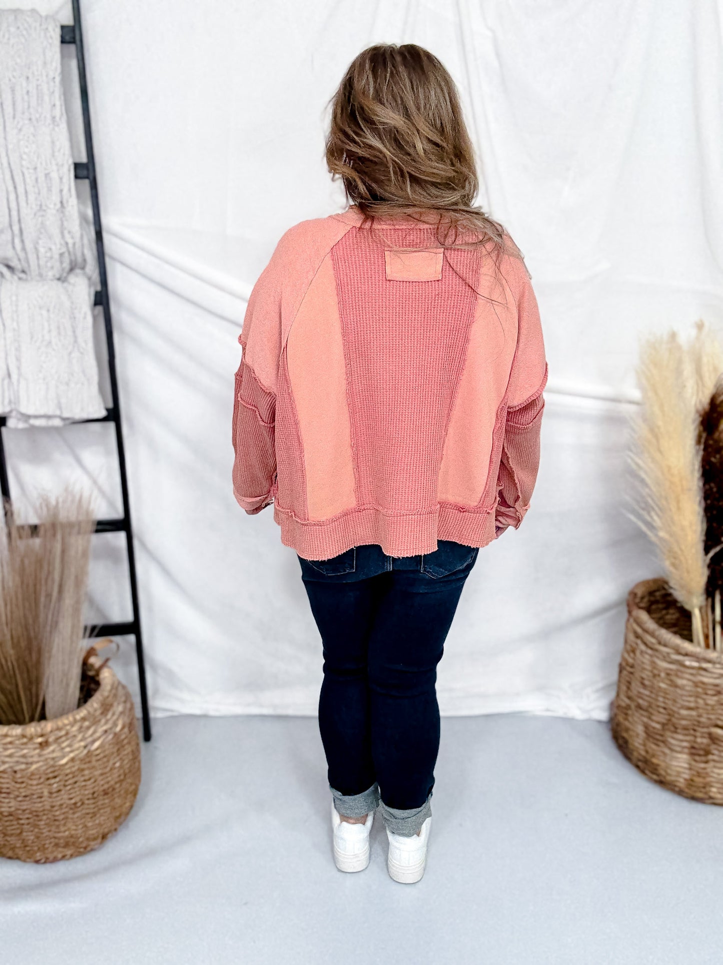 Brick Long Sleeve Contrasting Top With Frayed Edge Details
