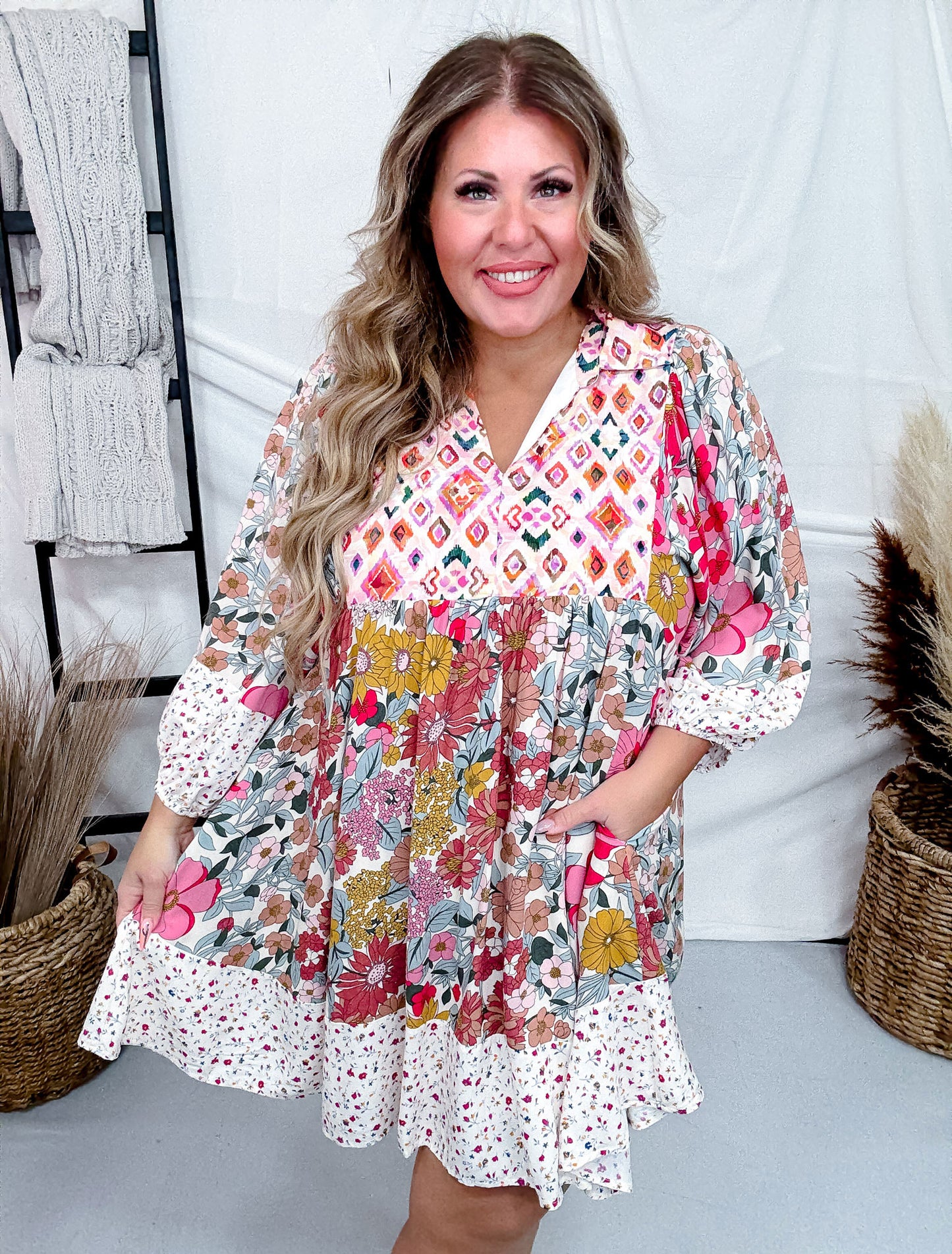 Mix And Match Floral Print Bubble Sleeve Dress