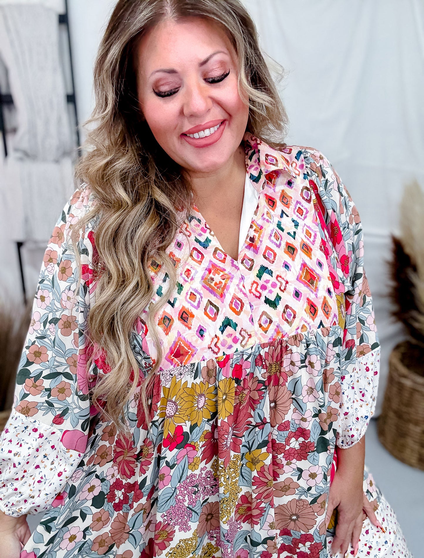 Mix And Match Floral Print Bubble Sleeve Dress