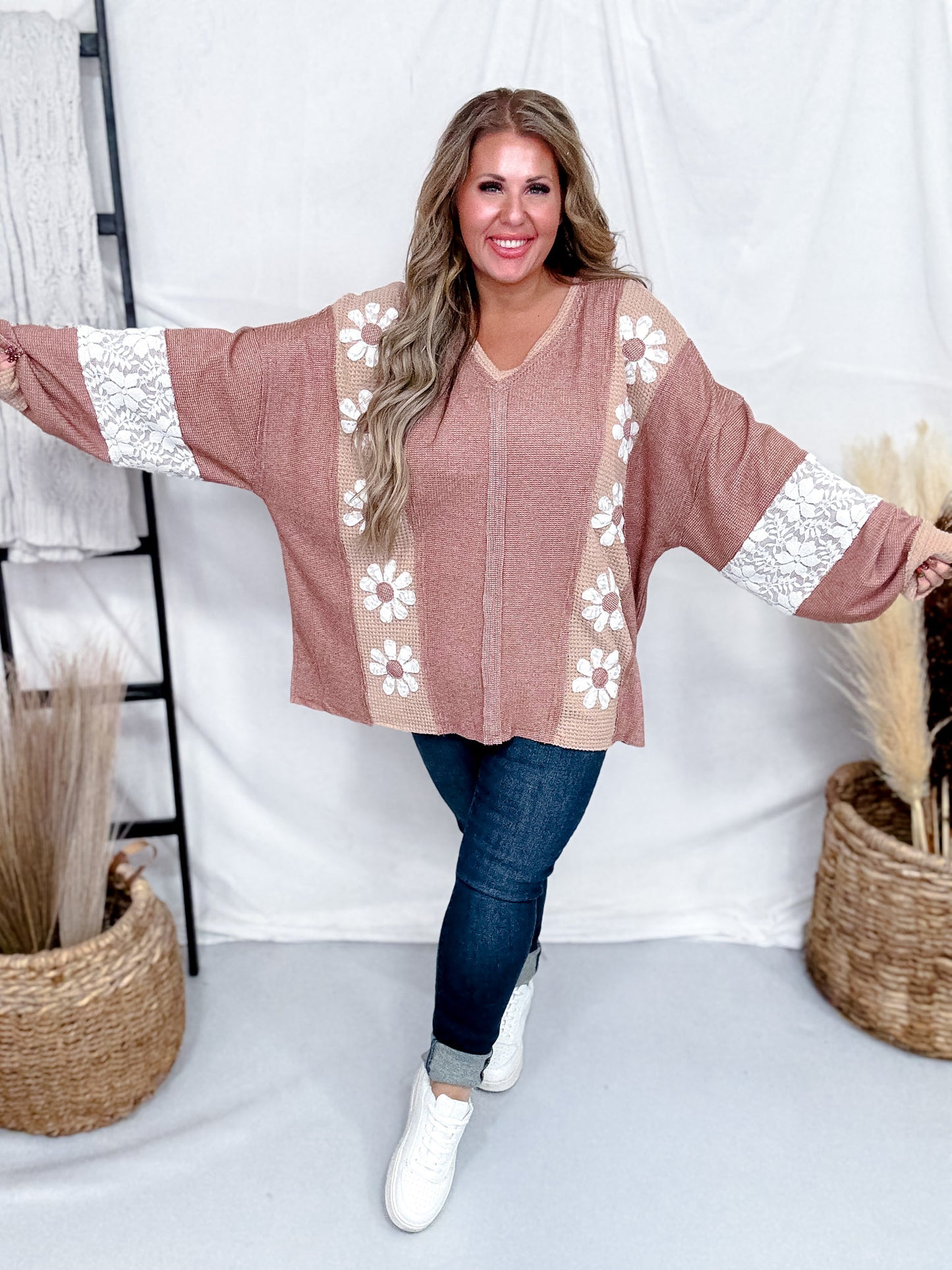 Mocha Waffle Knit Sweatshirt With Floral Lace Panels