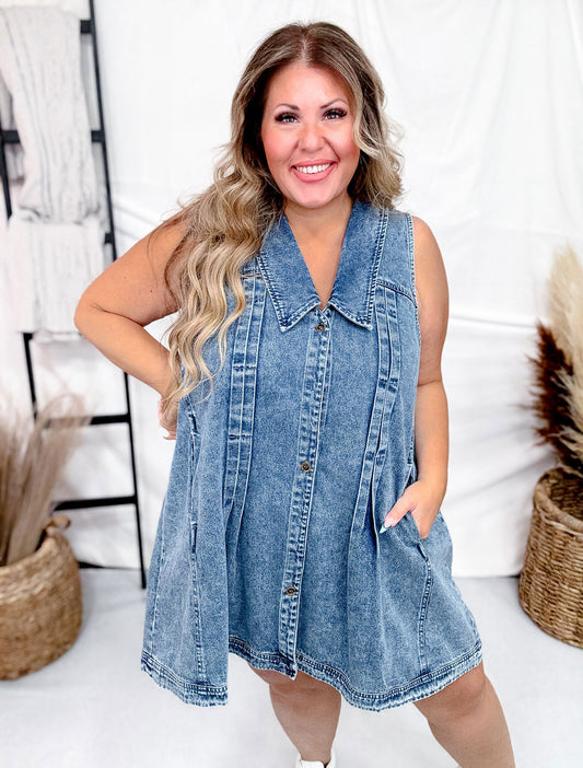 Washed Denim Dress With Pin Tuck Detailing