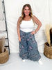 Dark Blue Floral Chambray Pants With Ruffled Hem