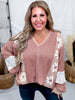 Mocha Waffle Knit Sweatshirt With Floral Lace Panels