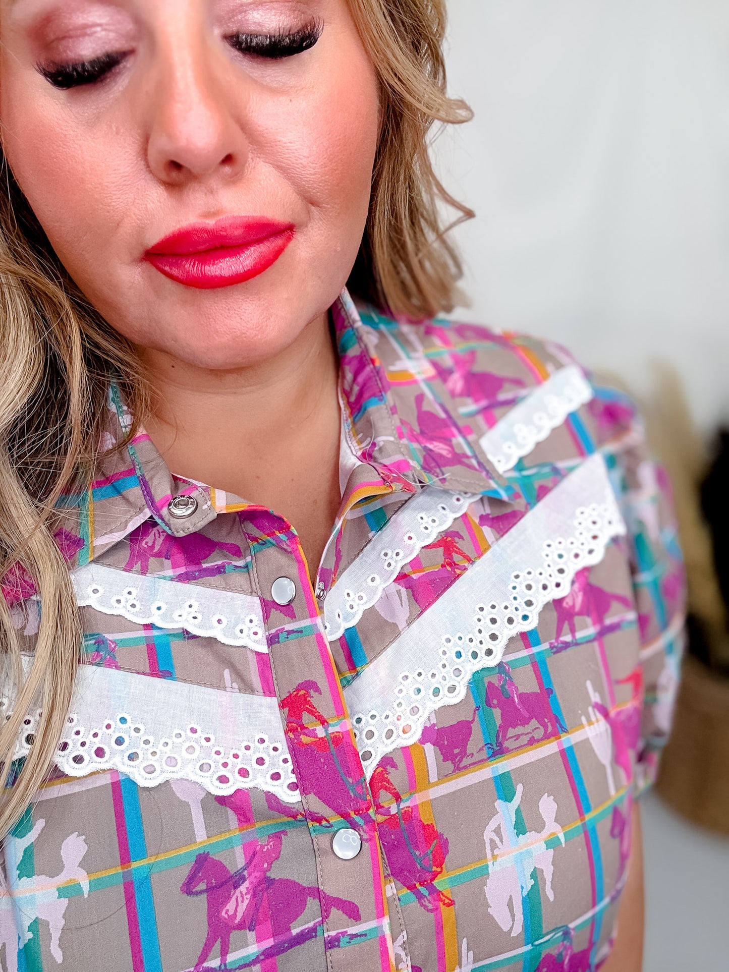 Plaid Posse Button Up Western Short Sleeve Top