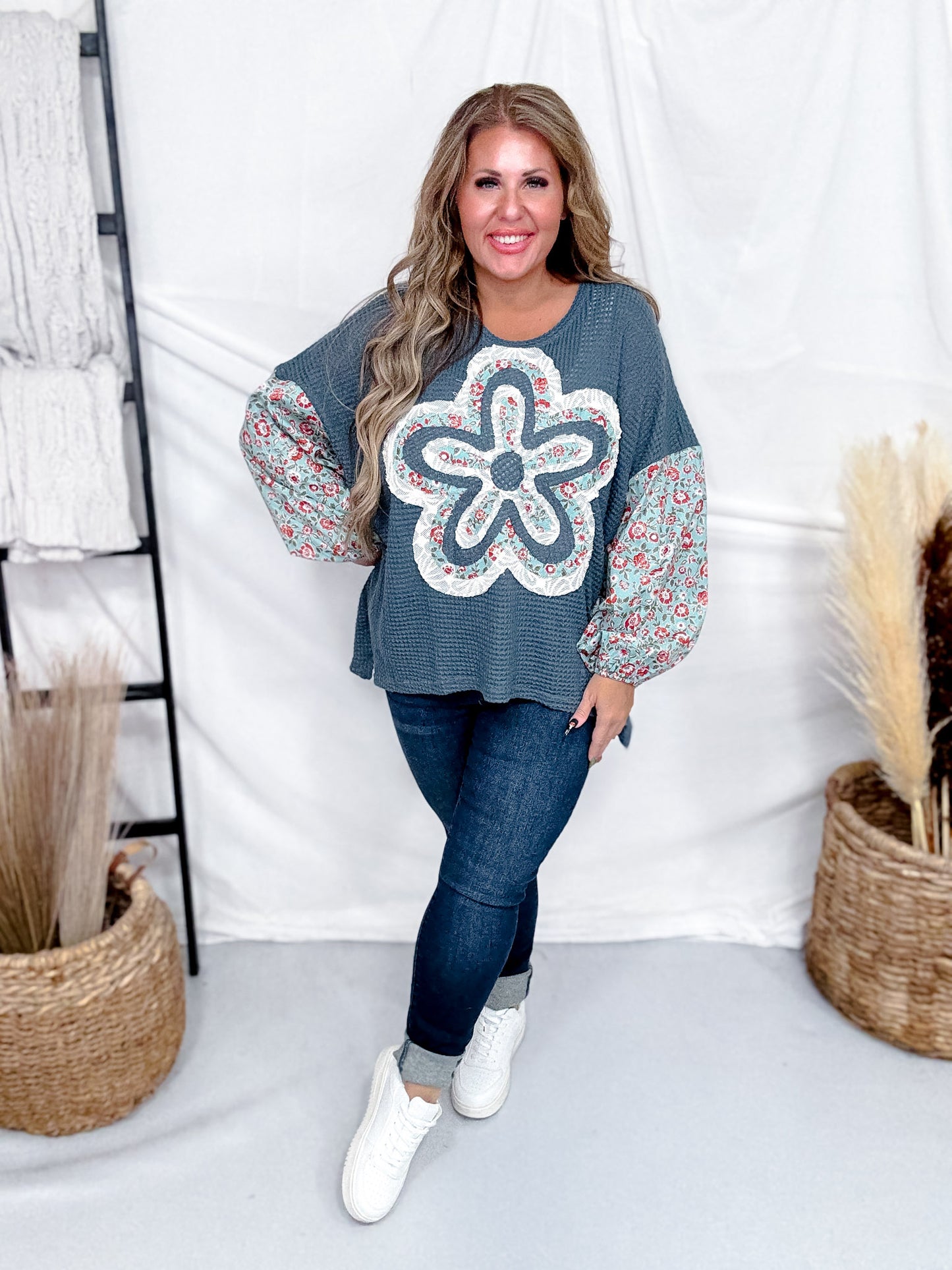 Waffle Knit Long Sleeve Patchwork Top With Flower Applique