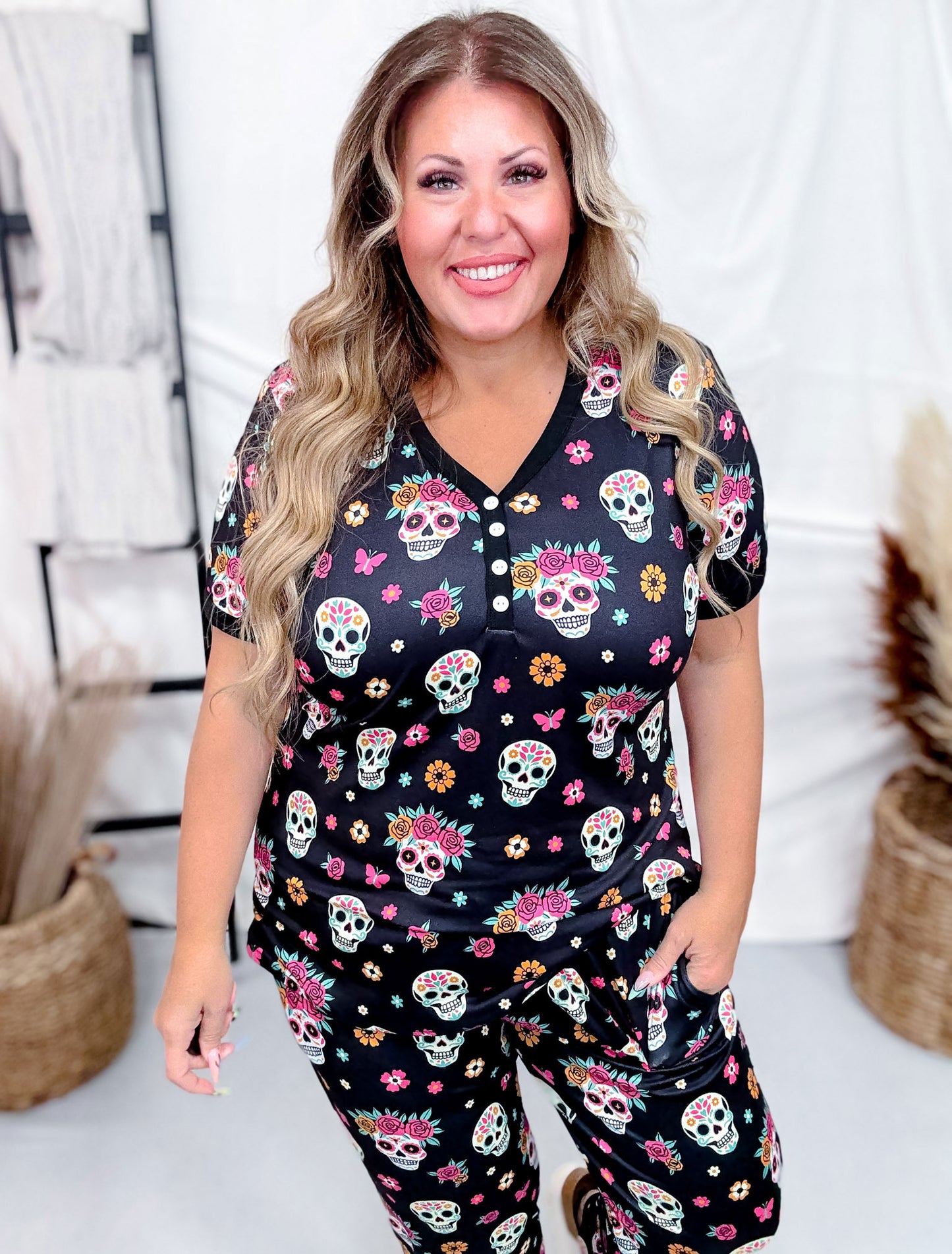 Sugar Skulls Short Sleeve and Joggers Pajama Set