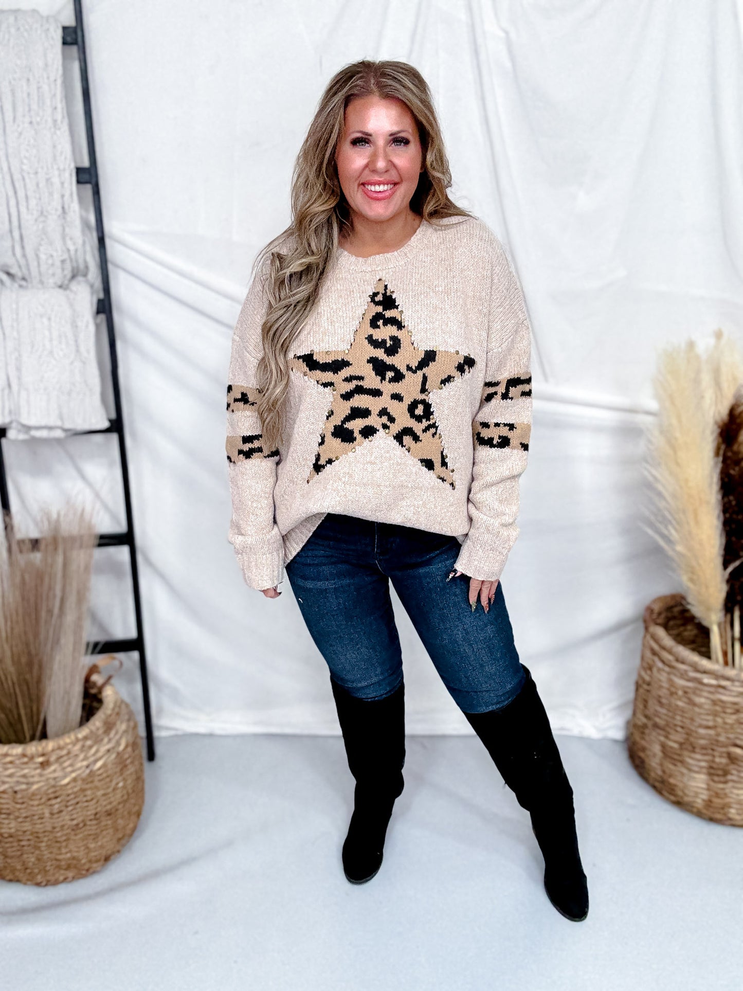 Long Sleeve Sweater With Leopard Print Star & Studded Details