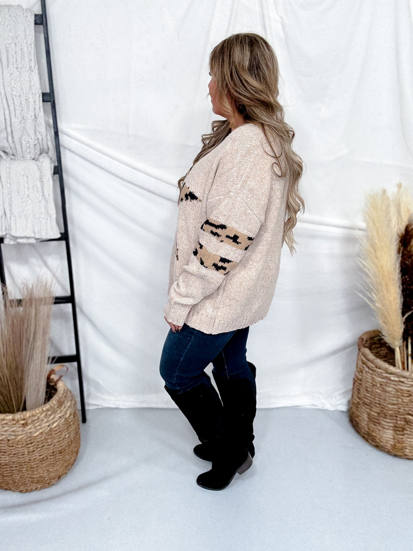 Long Sleeve Sweater With Leopard Print Star & Studded Details