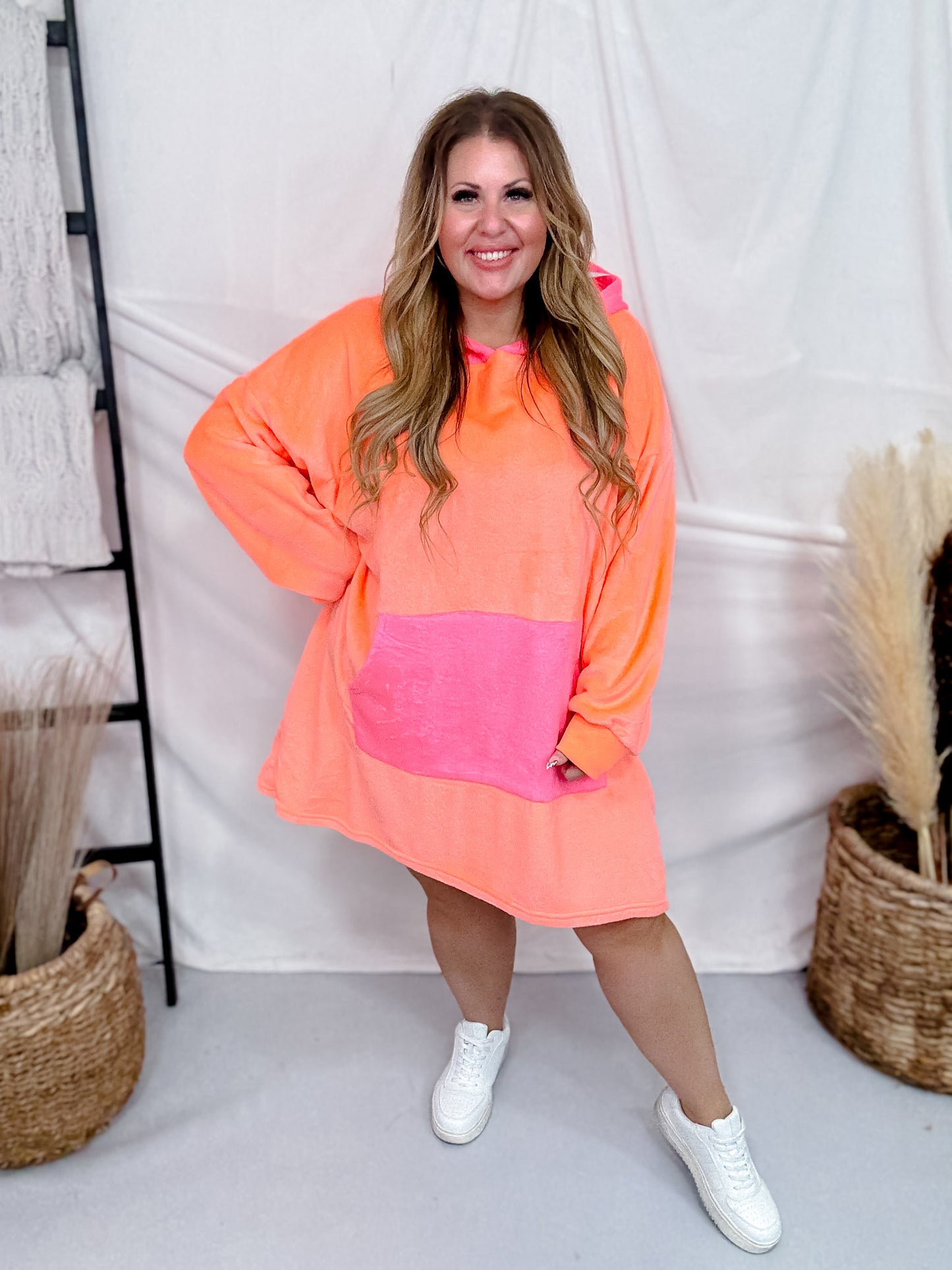 Neon Coral Long Sleeve Long Hooded Loungewear Top