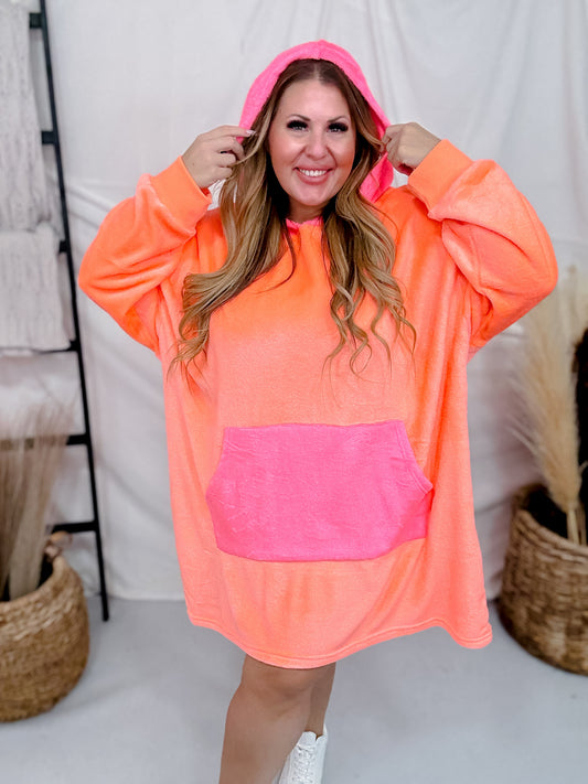 Neon Coral Long Sleeve Long Hooded Loungewear Top