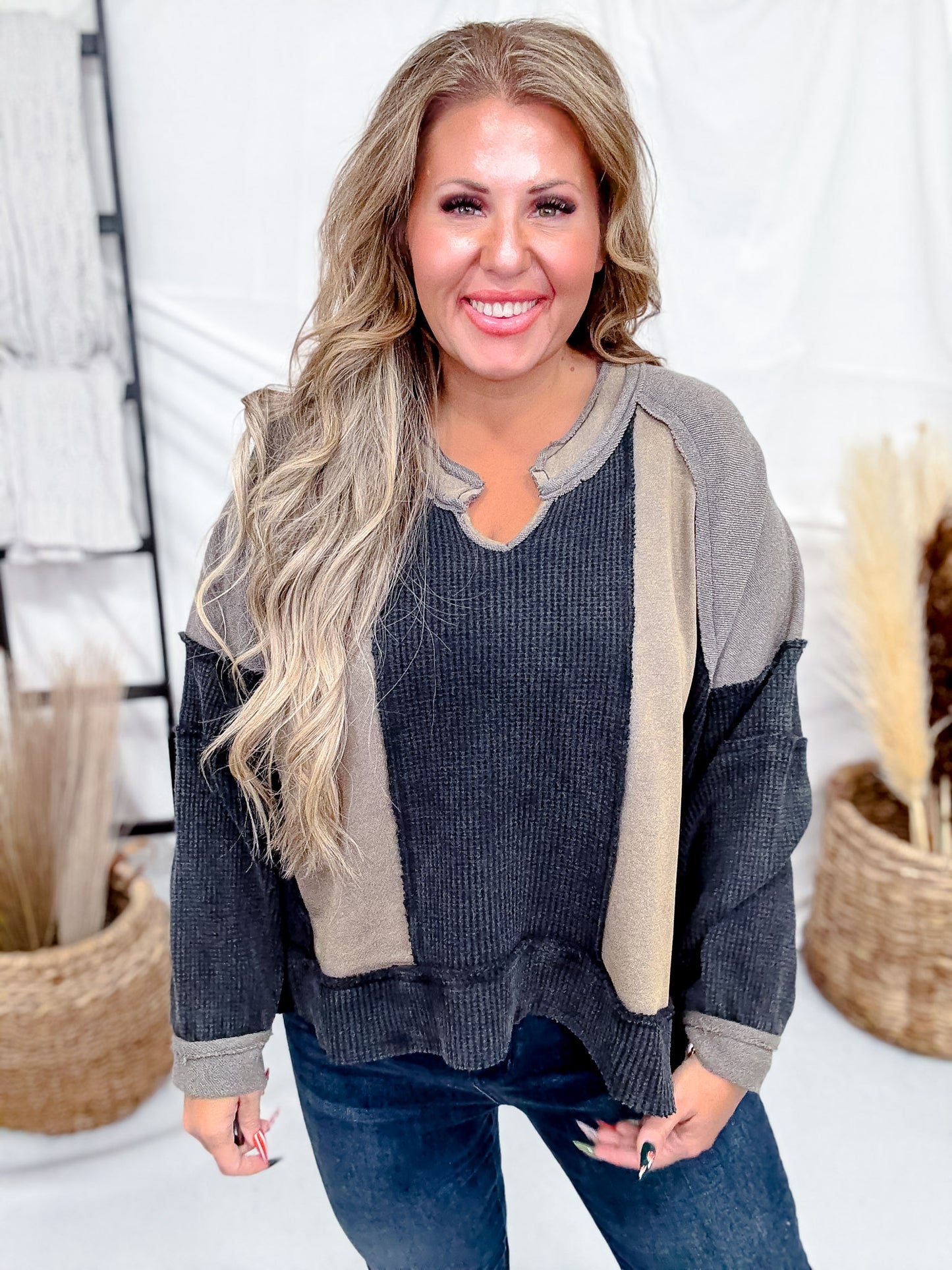 Black Long Sleeve Contrasting Top With Frayed Edge Details