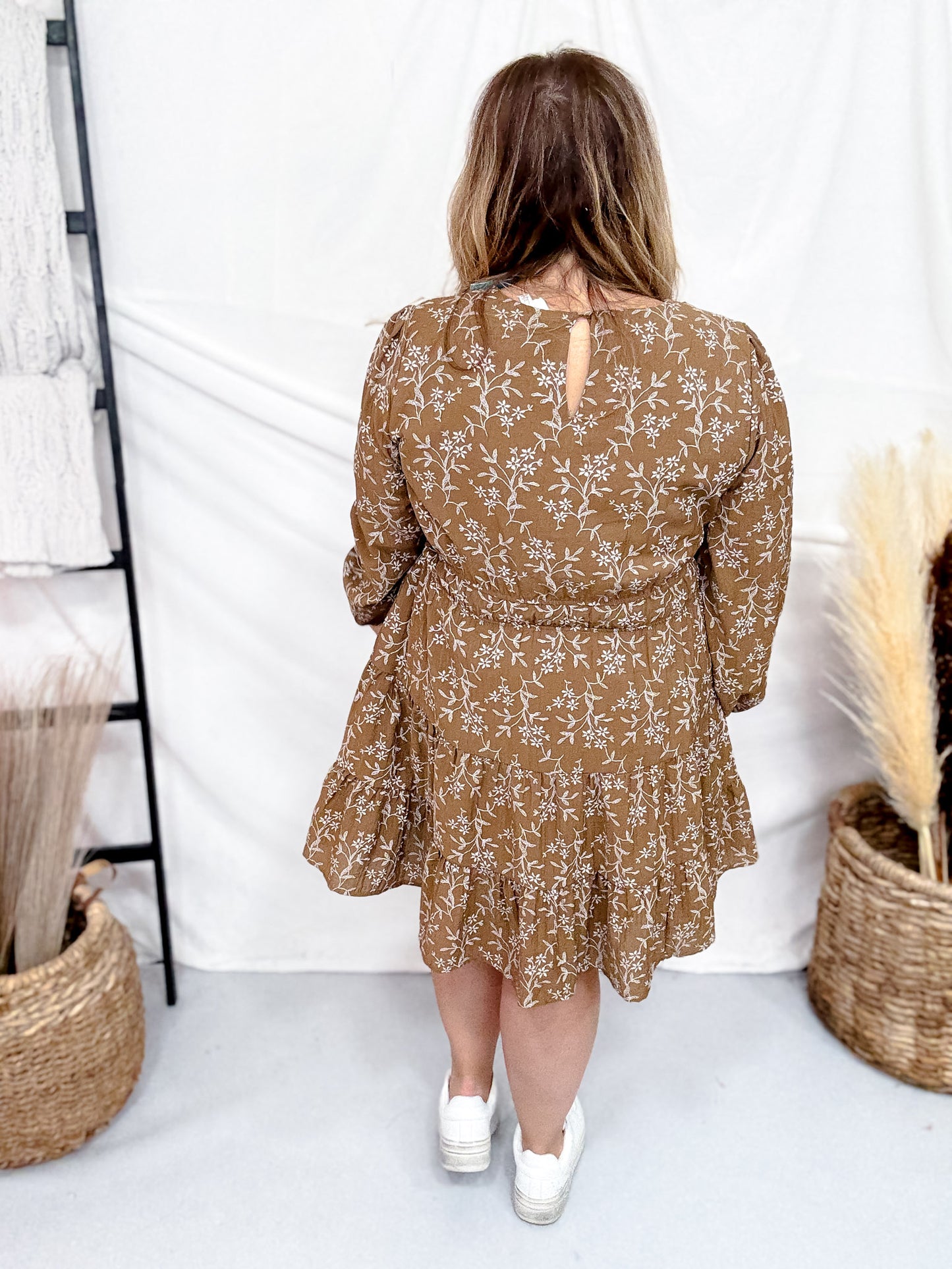 Long Sleeve Notch Detail Long Sleeve Floral Embroidered Dress