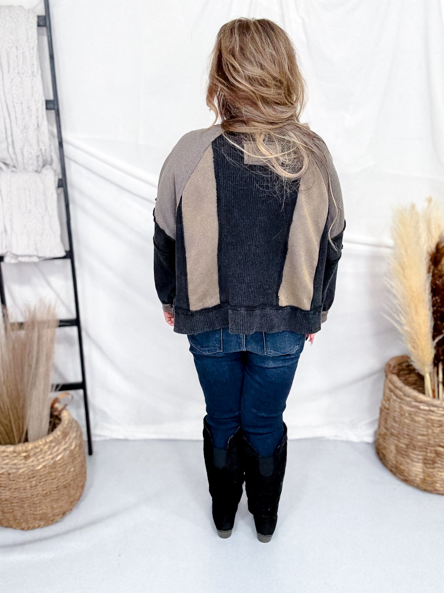 Black Long Sleeve Contrasting Top With Frayed Edge Details