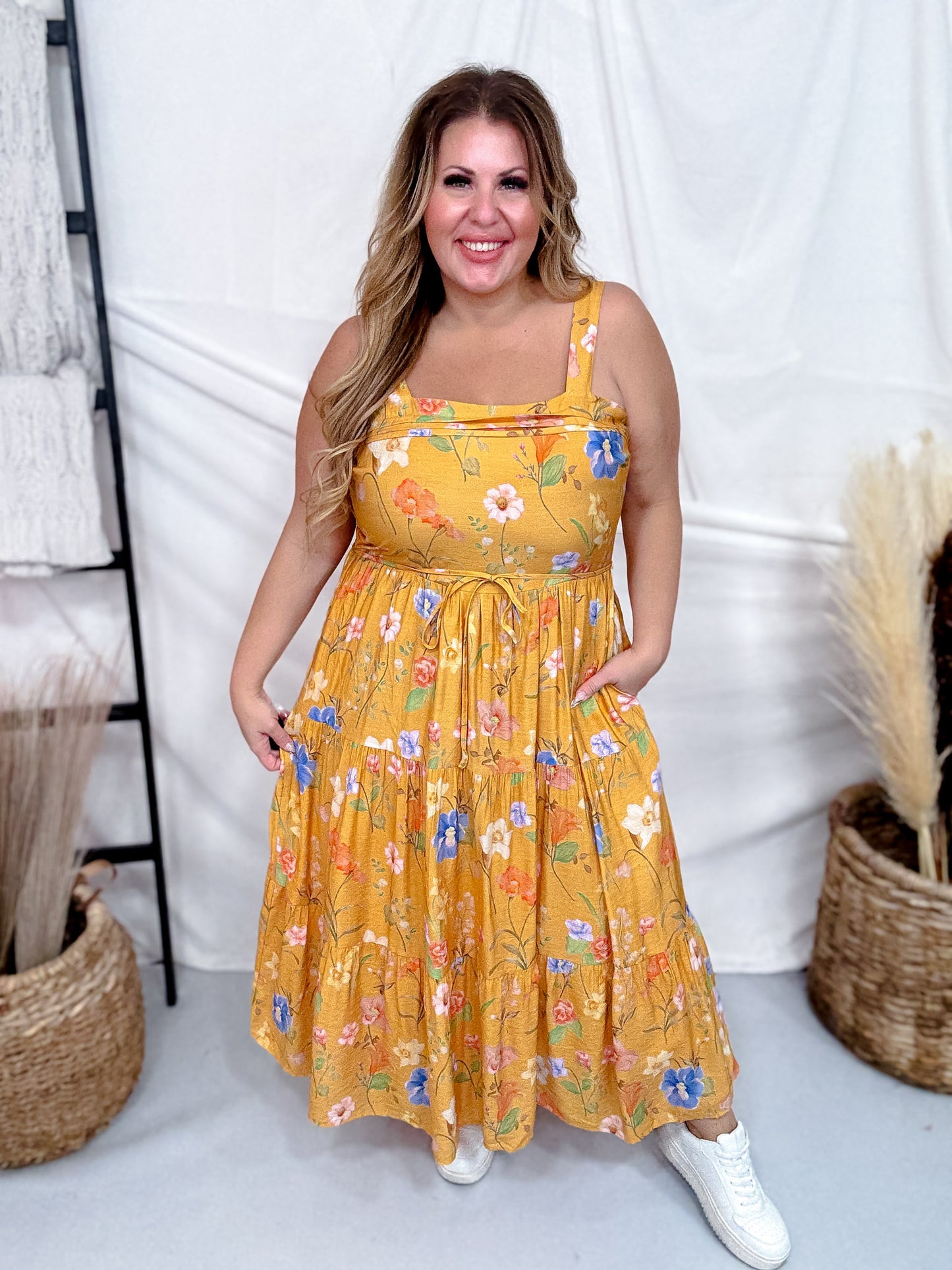 Sunflower Yellow Textured Floral Pleated Detail Bow Back Dress