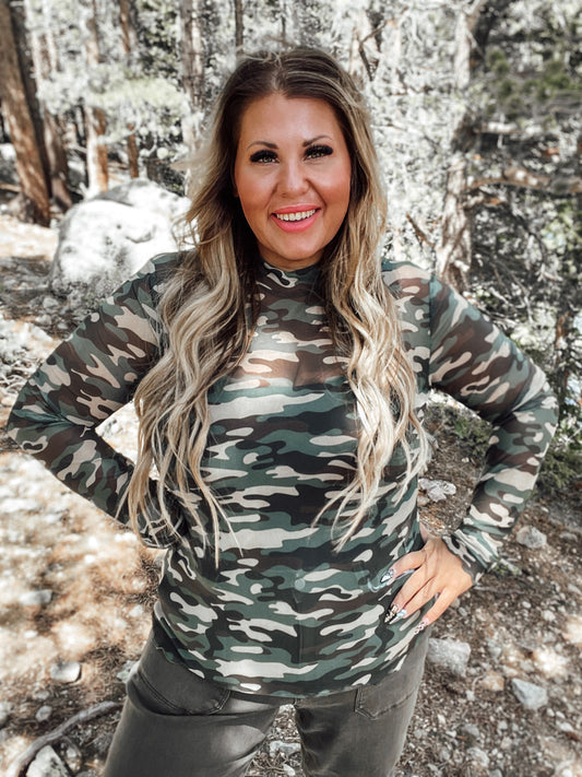 Green Camo Long Sleeve Mesh Top