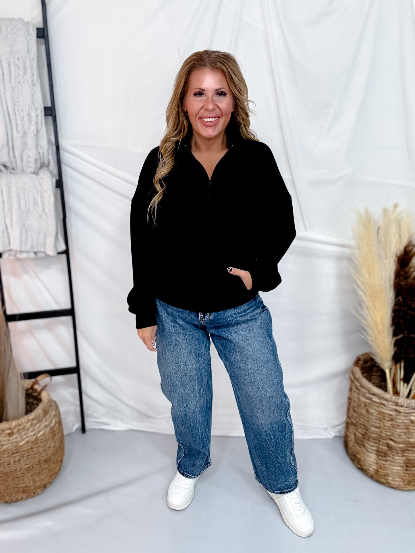 Black Mock Neck Half Zip Up Sweatshirt