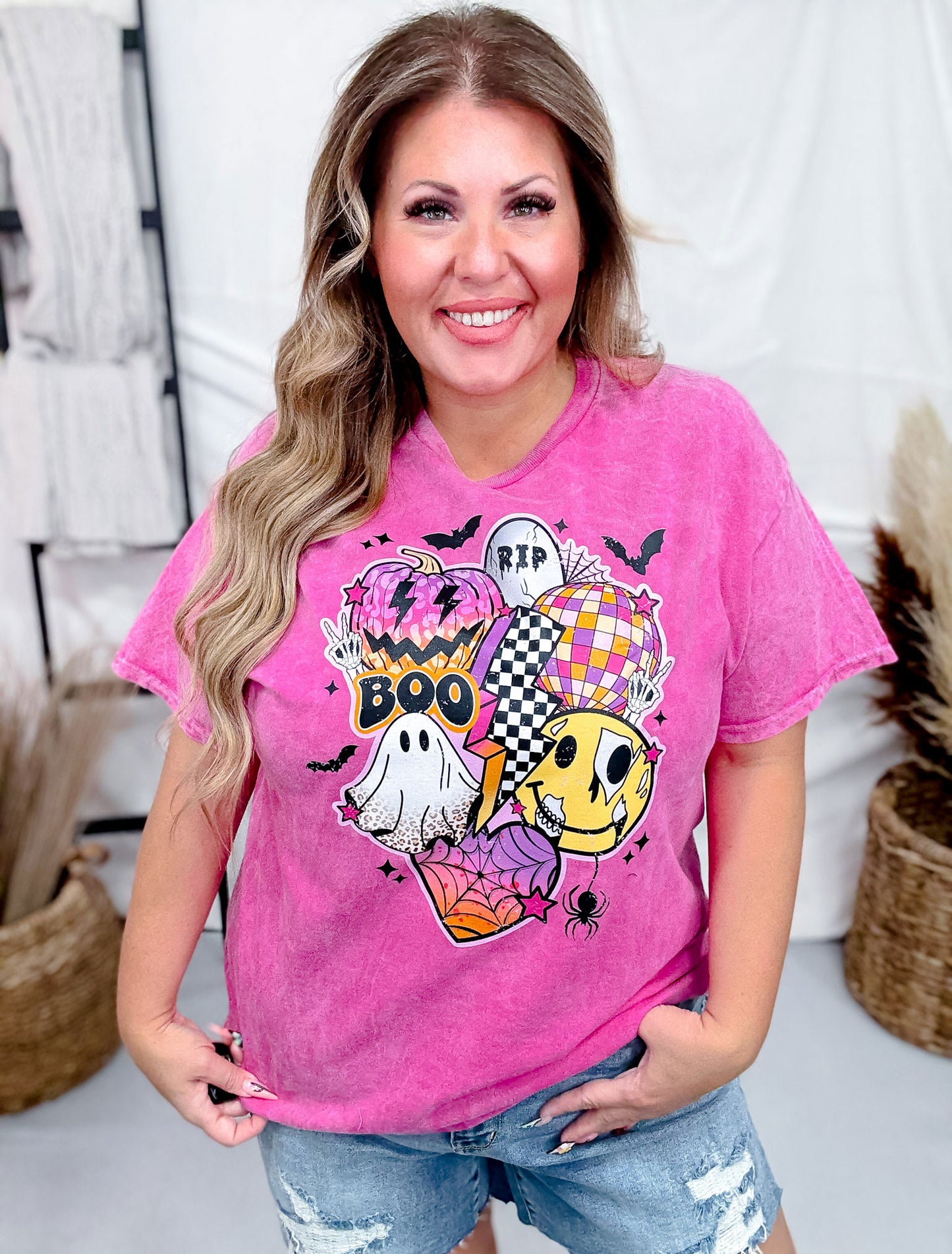 Pink Mineral Washed Retro Halloween Graphic T-Shirt